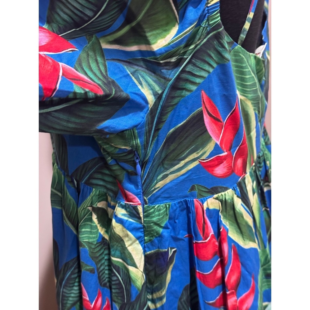 Farm Rio Blue Tropical Botanical Print Beaded Tiered Midi Dress Large - Picture 5 of 8